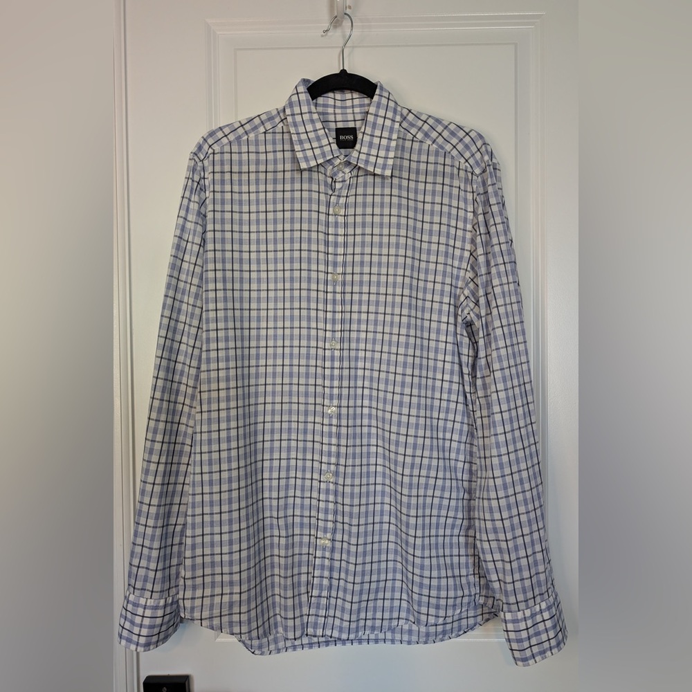 Hugo Boss Men’s Blue Plaid Button Down Shirt 100% Cotton Size Medium